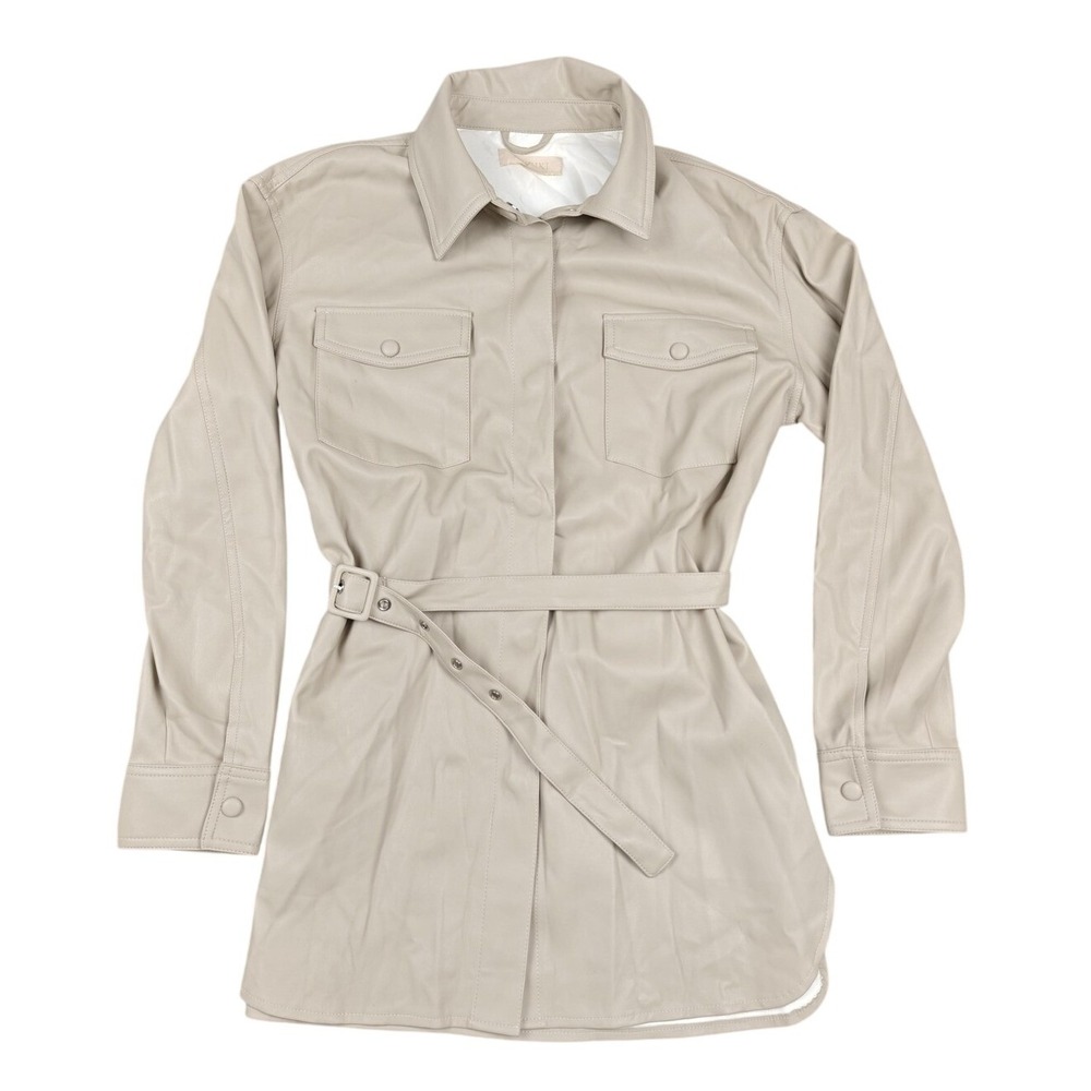 Meshki Coat Womens Small Beige Faux Leather Belted Trench Collared Longline
